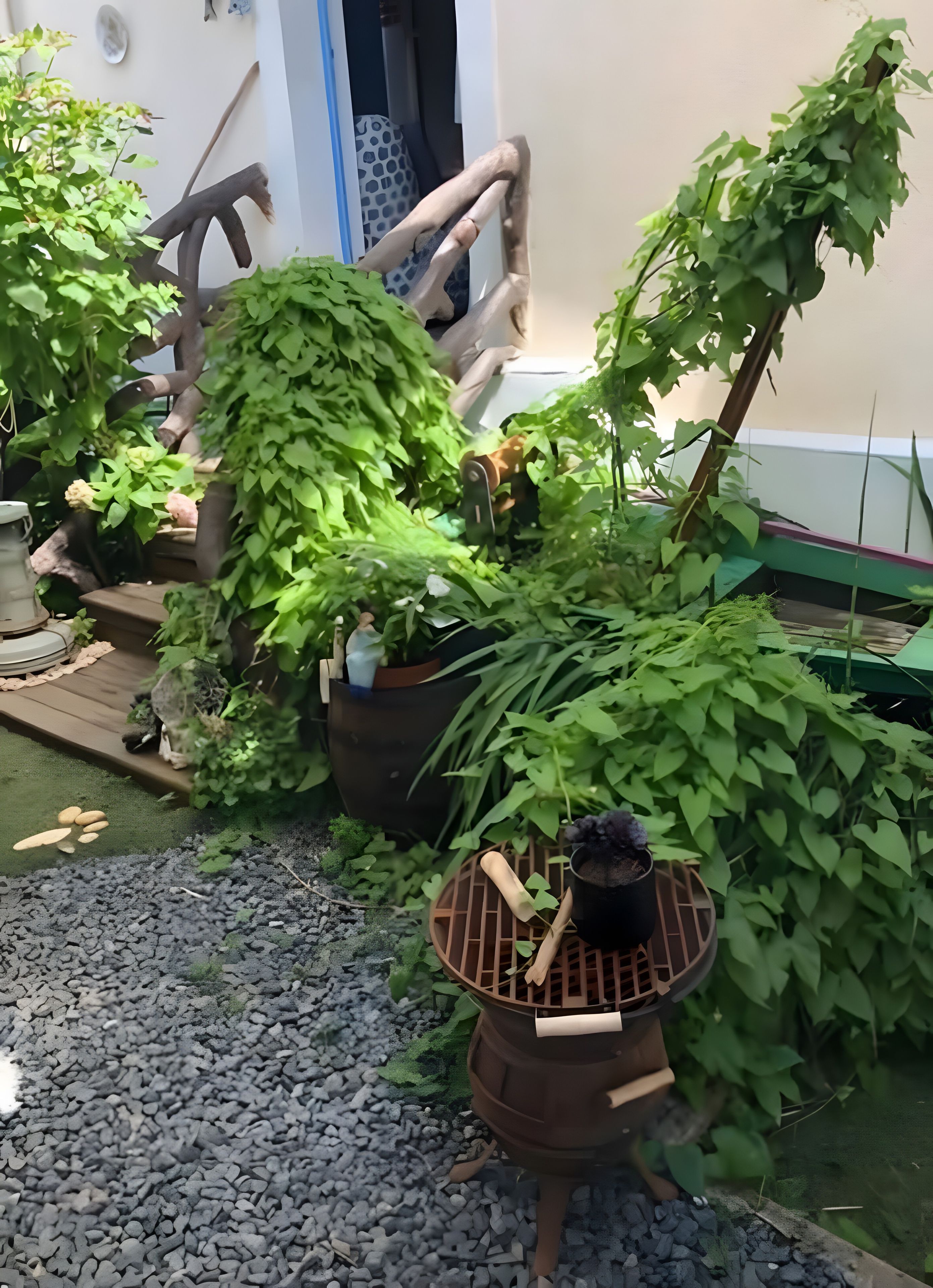 Un espace jardin agrémenté de diverses plantes, d’un banc en bois et d’un petit élément décoratif aquatique.