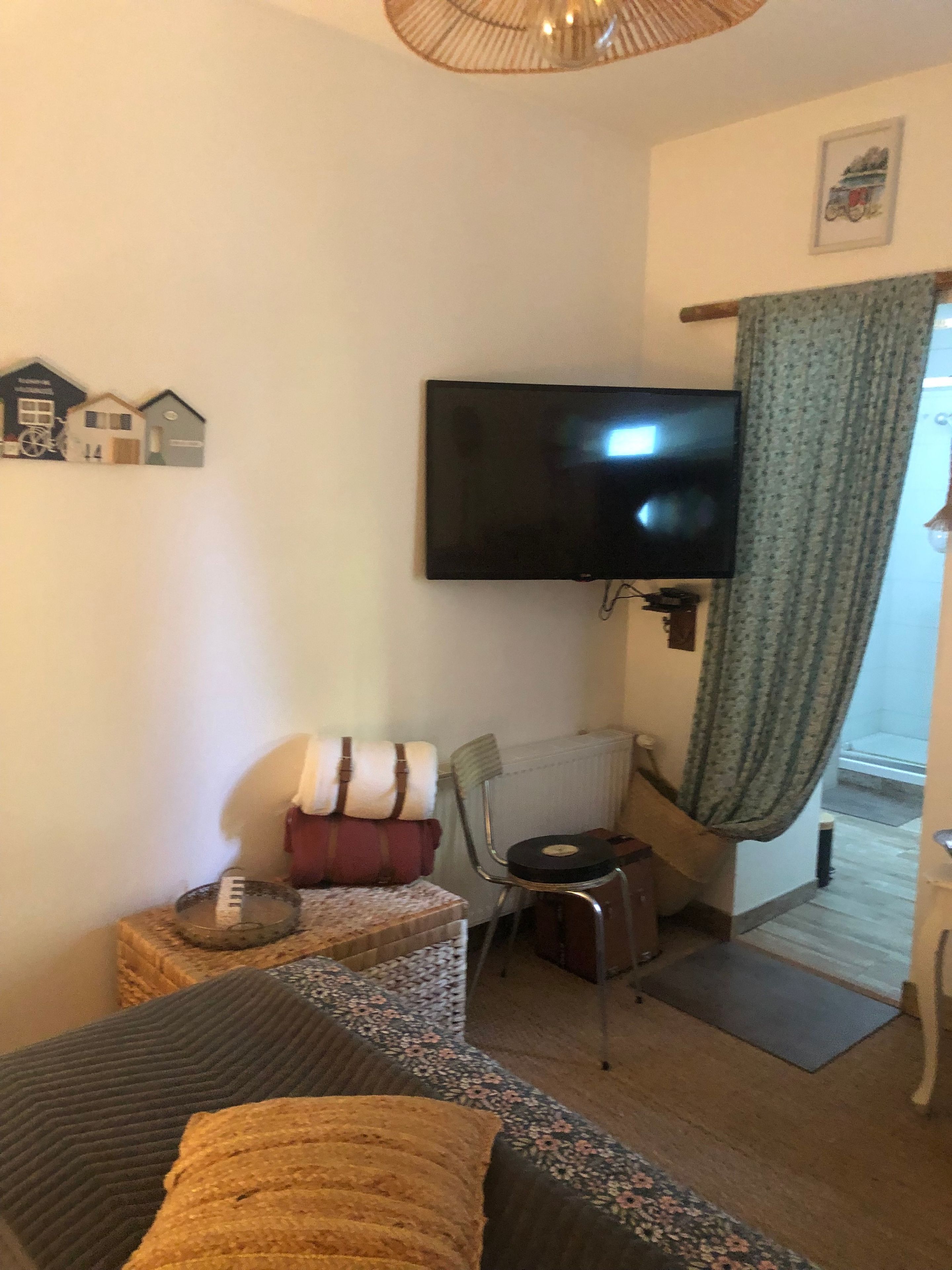 Une pièce comprenant un lit, une chaise, un téléviseur et un radiateur.
