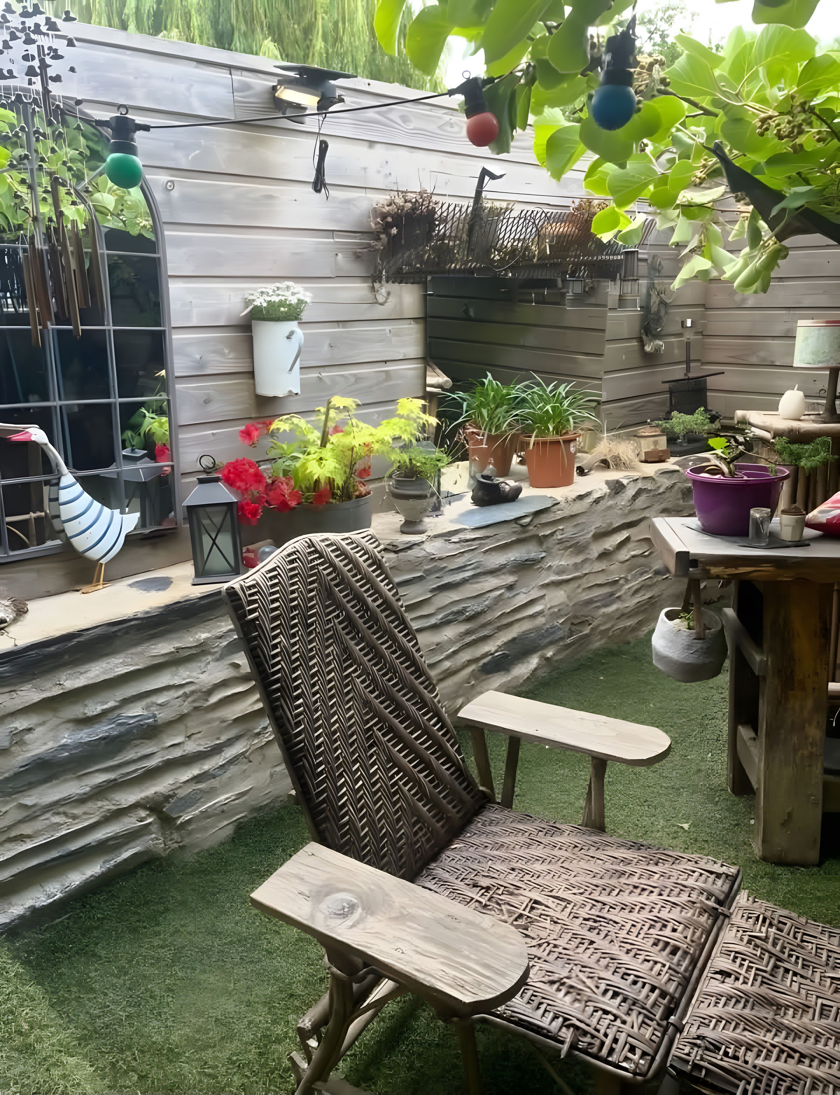 Eine Terrasse mit Korbstuhl und Tisch, umgeben von Blumentöpfen und einer dekorativen Schwane.