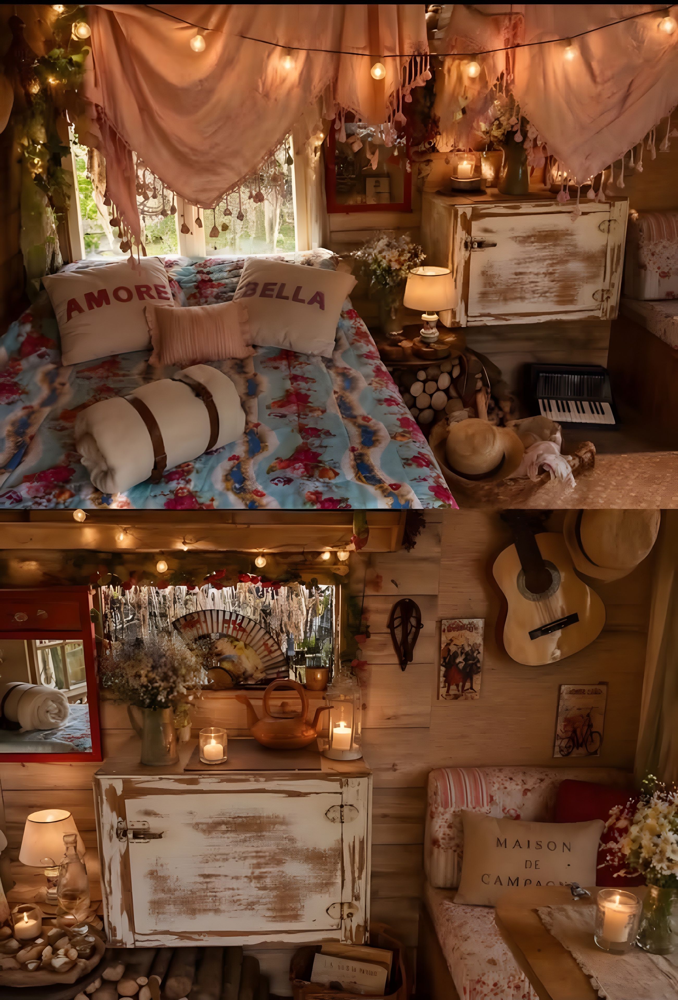 Een gezellig slaapkamer met een bed, kussens, een gitaar, een piano en diverse decoratieve objecten.