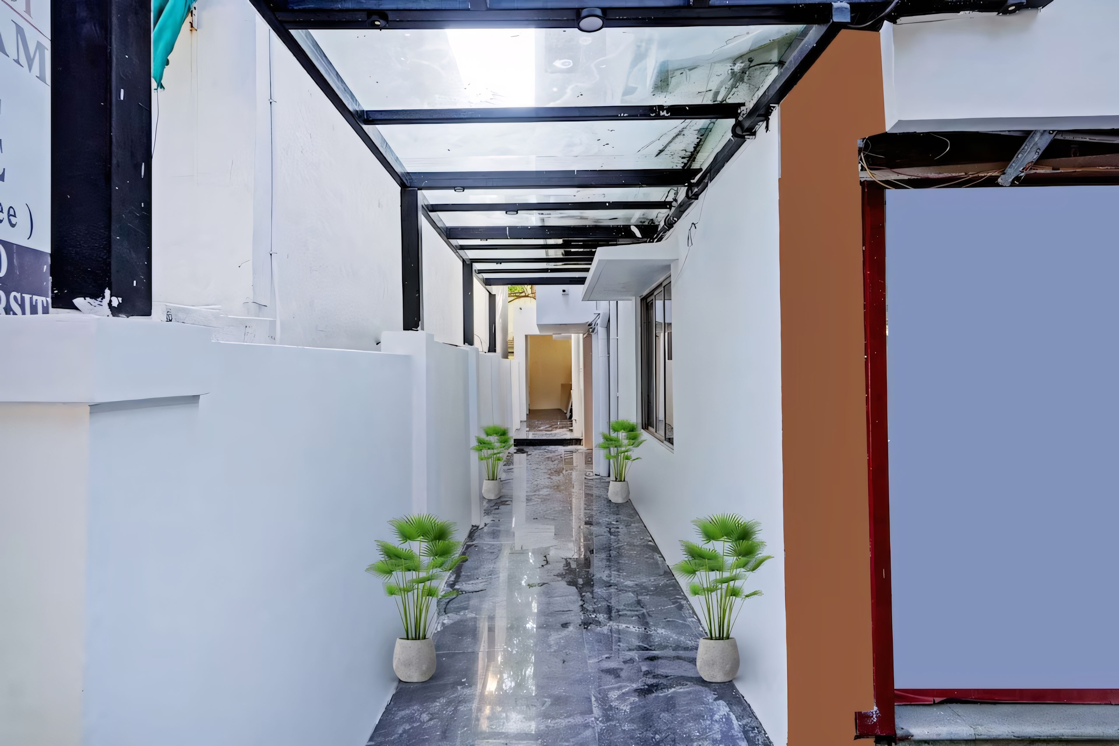 Un pasillo con paredes blancas, techo de cristal y plantas en macetas.