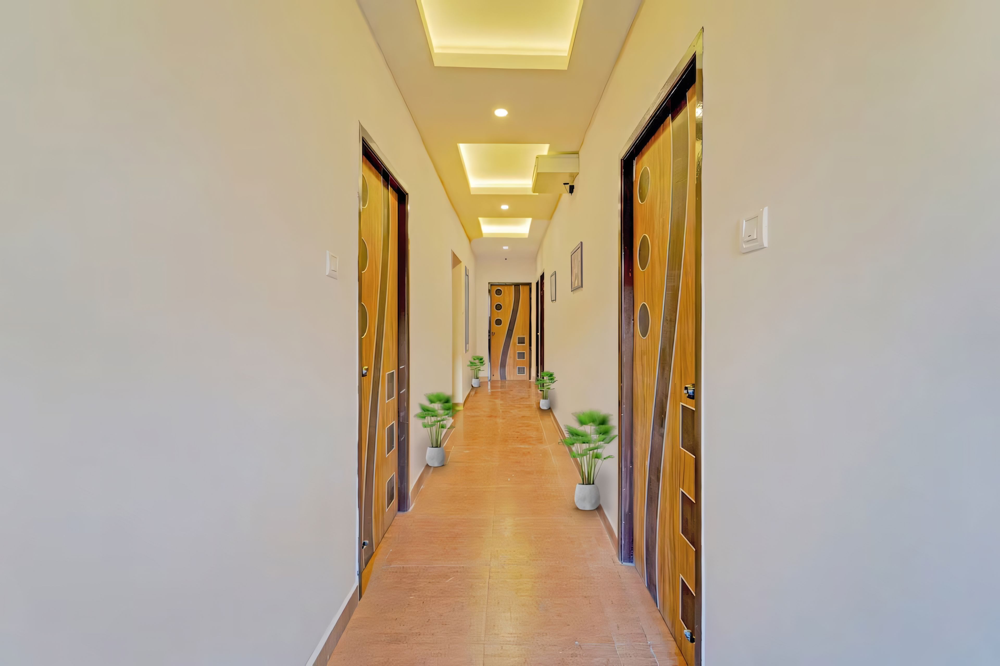 Un pasillo con puertas de madera, plantas en macetas e iluminación empotrada.