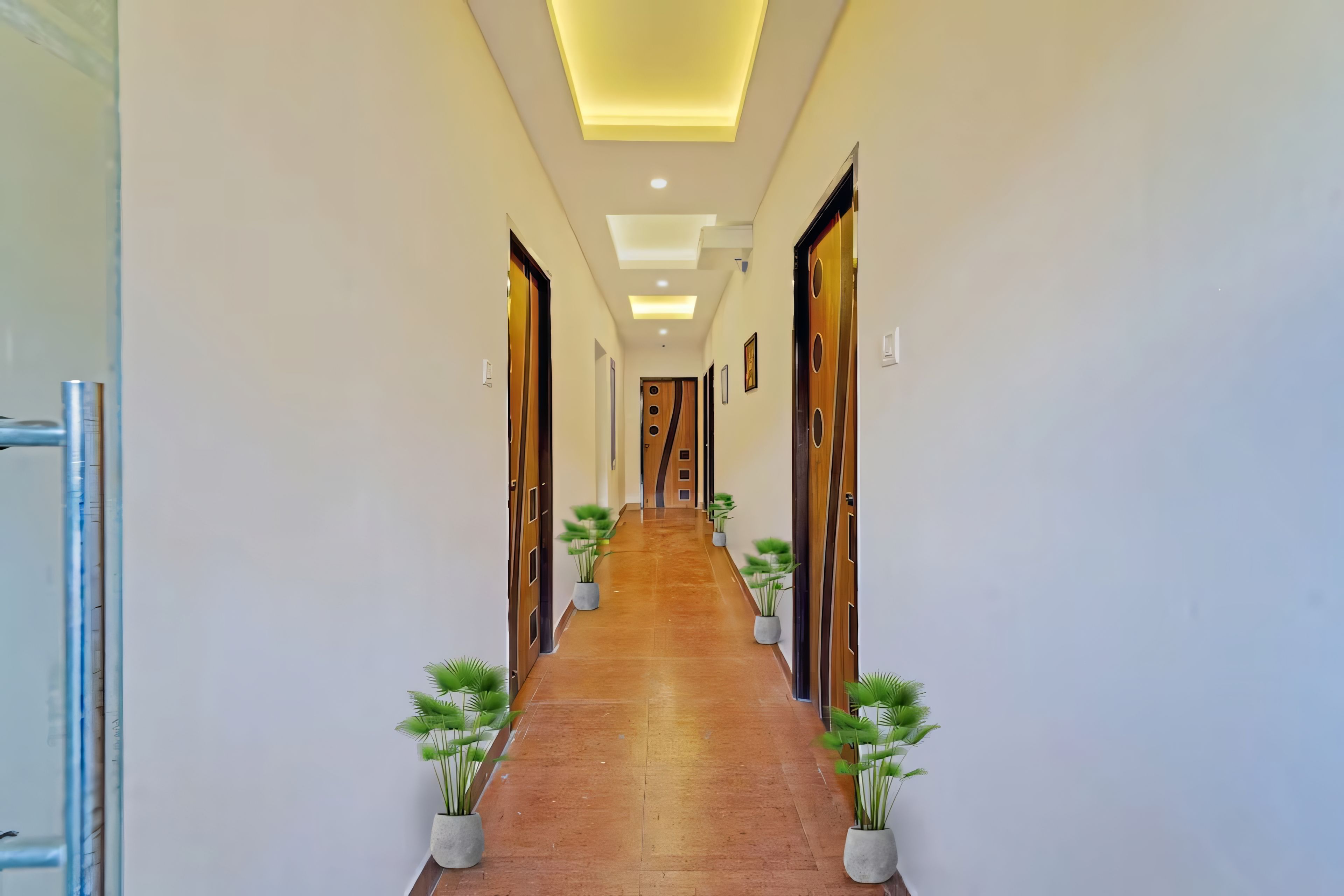 A hallway with a wooden floor, potted plants, and doors on either side.