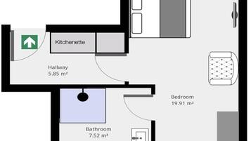 Pianta degli ambienti con angolo cottura, corridoio, bagno e camera da letto.
