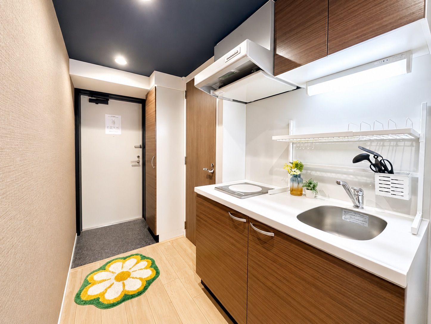 A modern kitchen with a sink, cabinets, and a countertop.