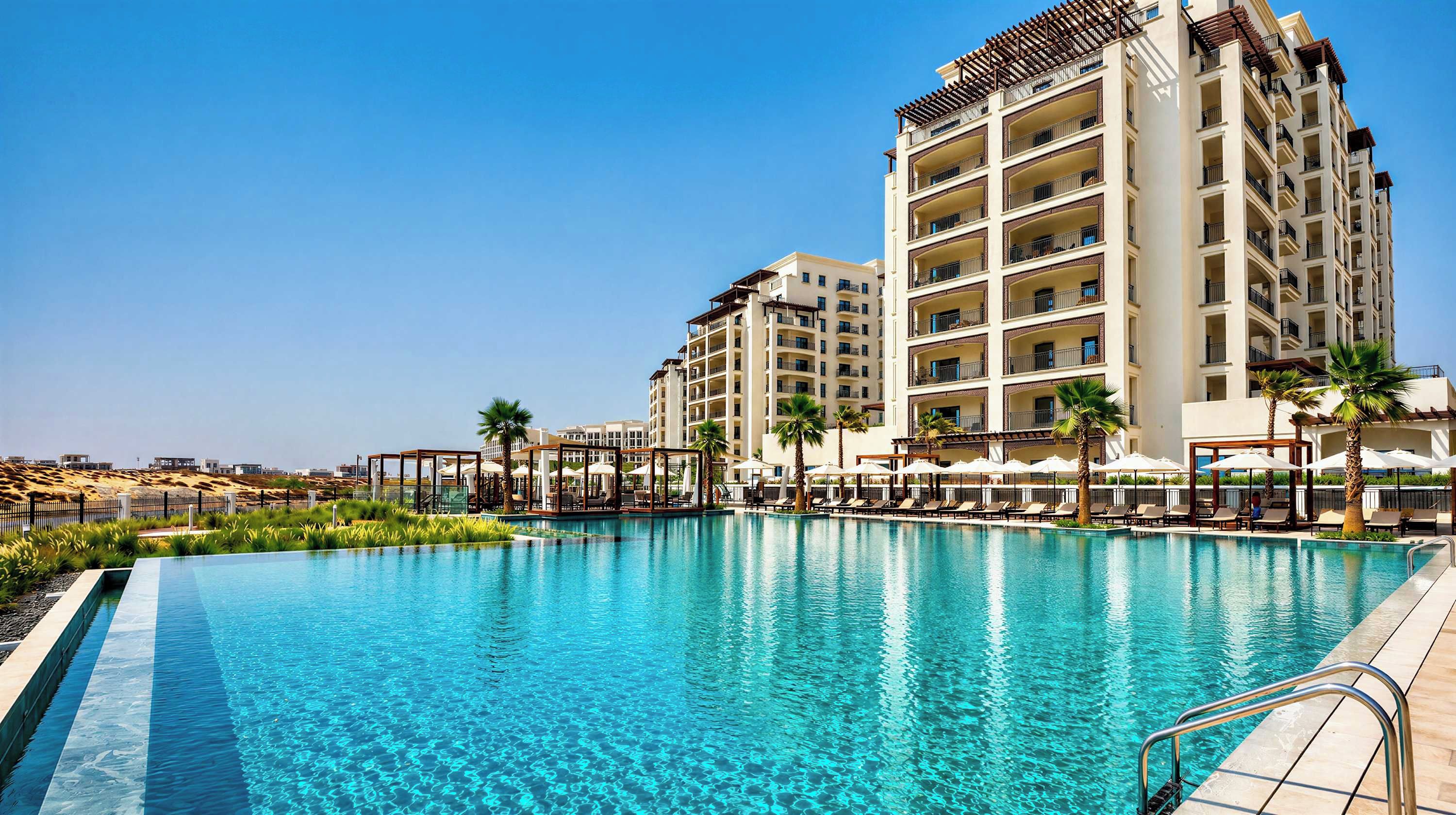 A hotel with a swimming pool, multiple balconies, and palm trees.
