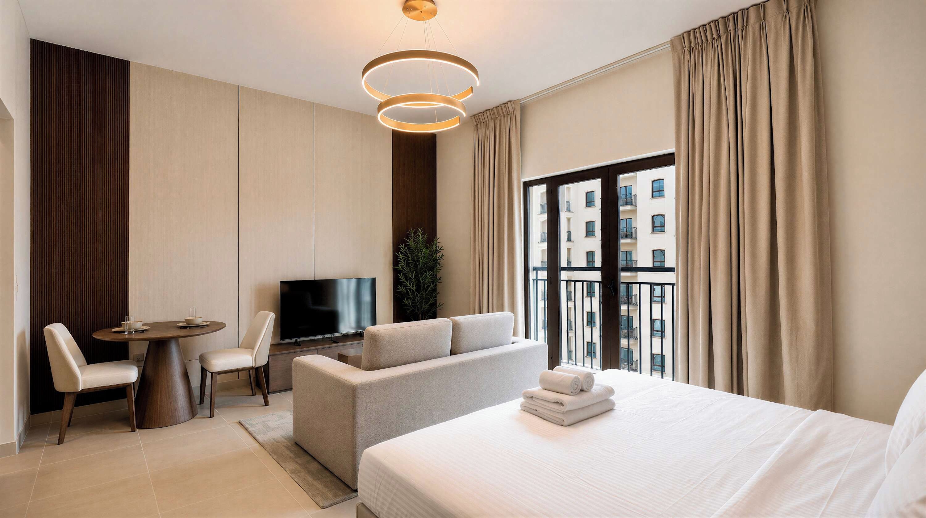 A hotel room with a bed, a sofa, a TV, a small table, and a window with curtains.