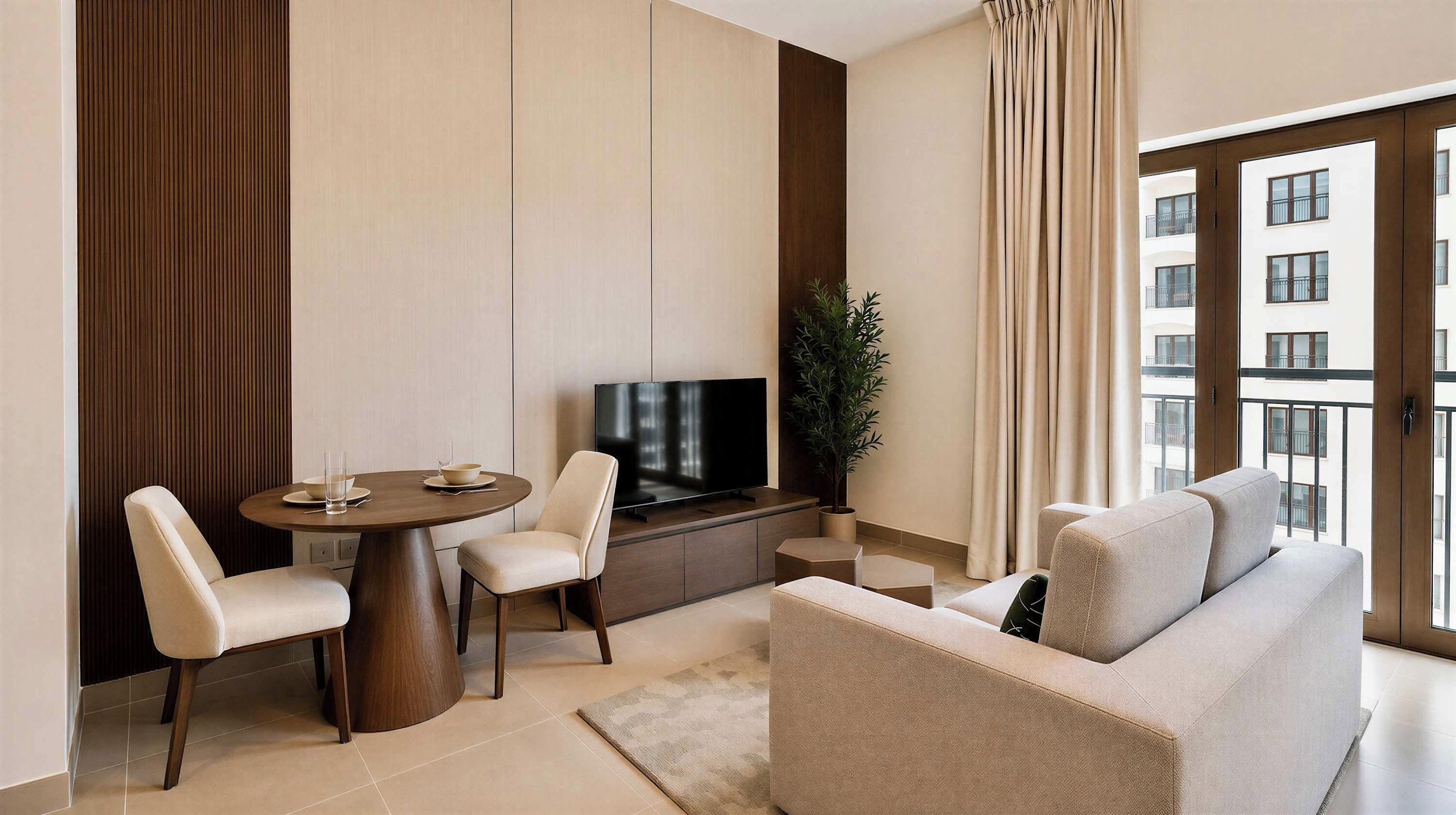 Una sala de estar moderna con un sofá, una mesa de comedor con sillas, un televisor y una planta en maceta.