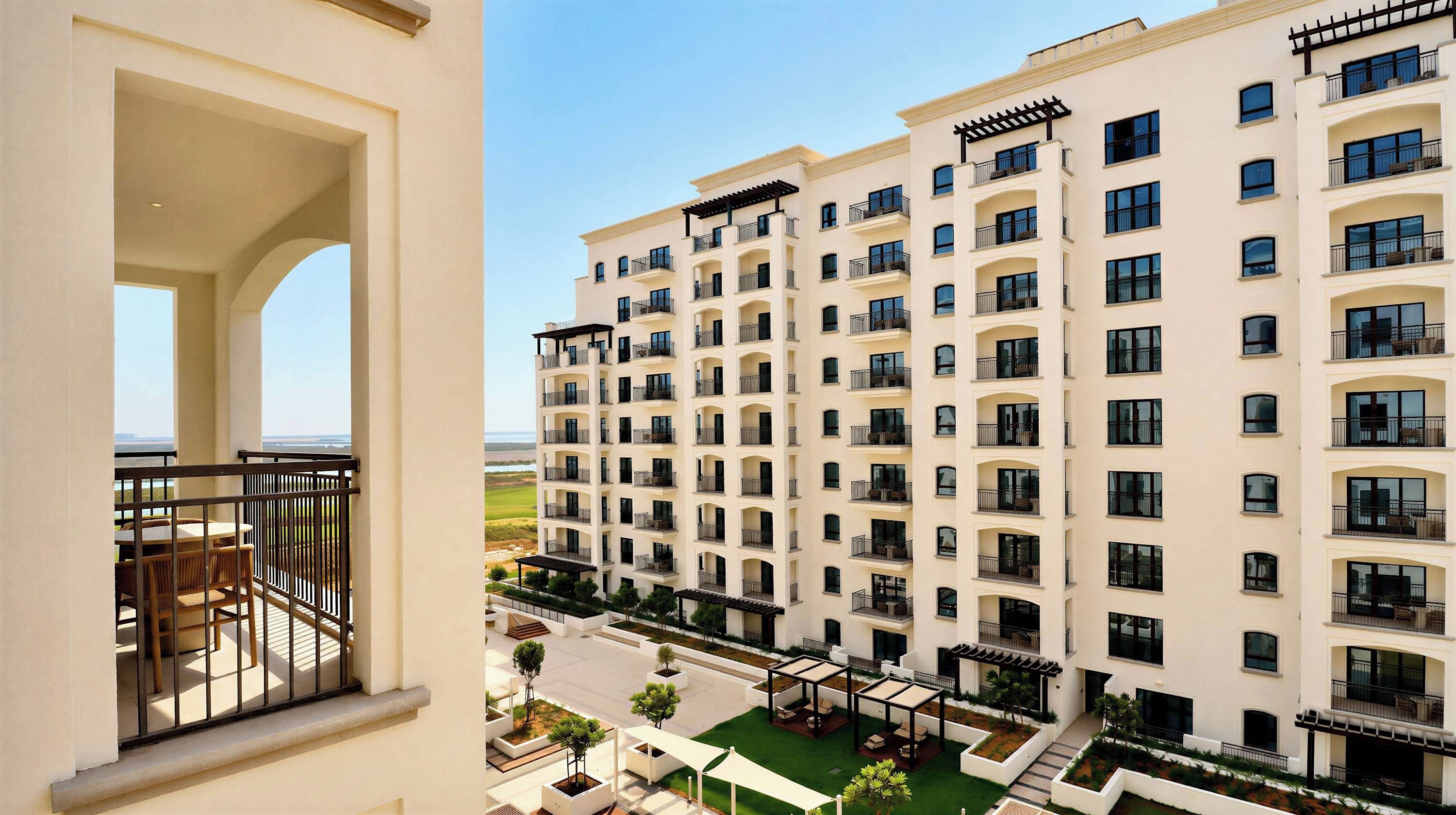 A multi-story residential building with balconies, a courtyard with greenery, and a clear view of the surrounding landscape.