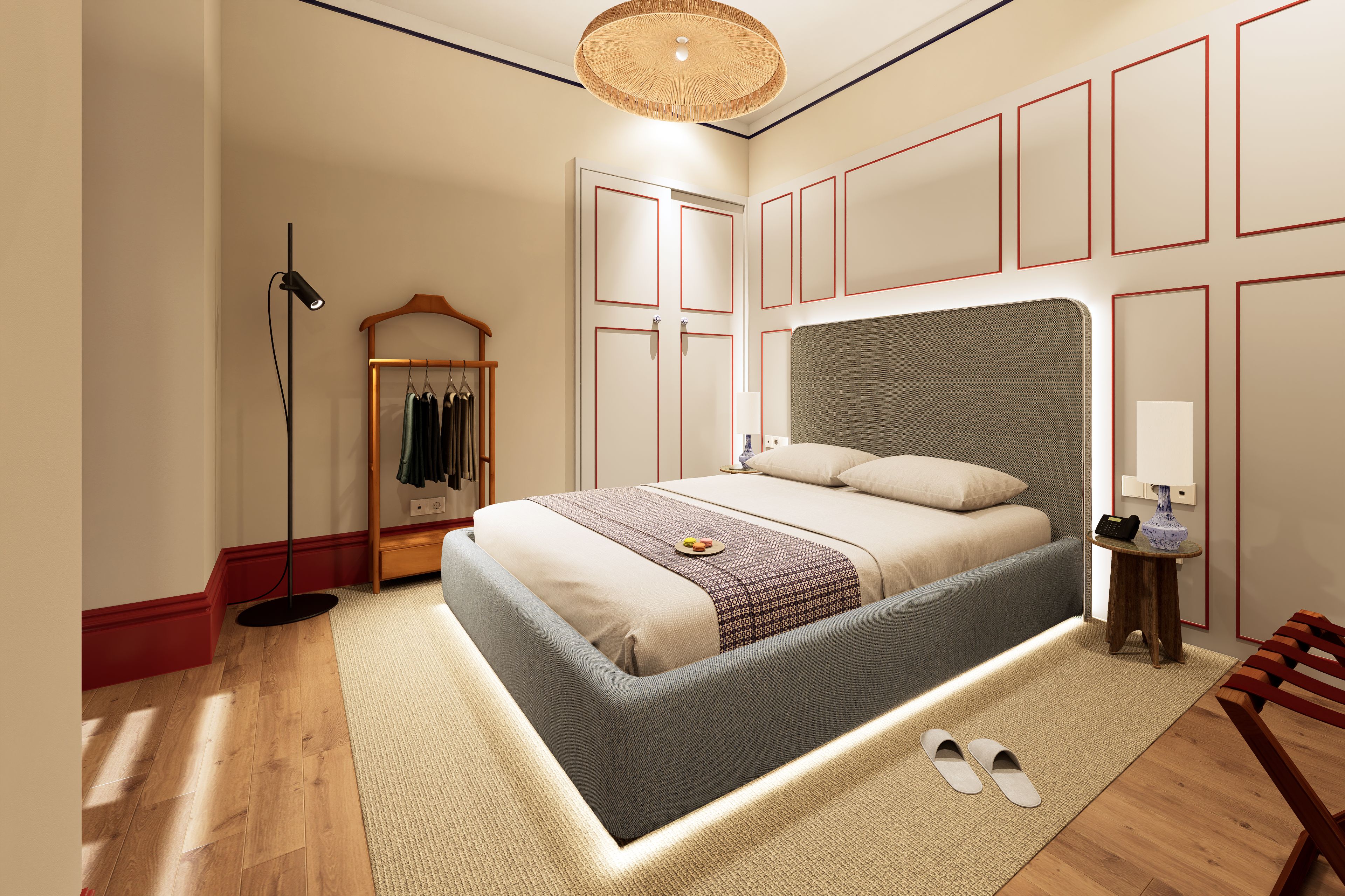 A modern bedroom with a large bed, a wardrobe, a mirror, and a bedside table.