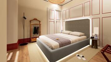 A modern bedroom with a large bed, a wardrobe, a mirror, and a bedside table.