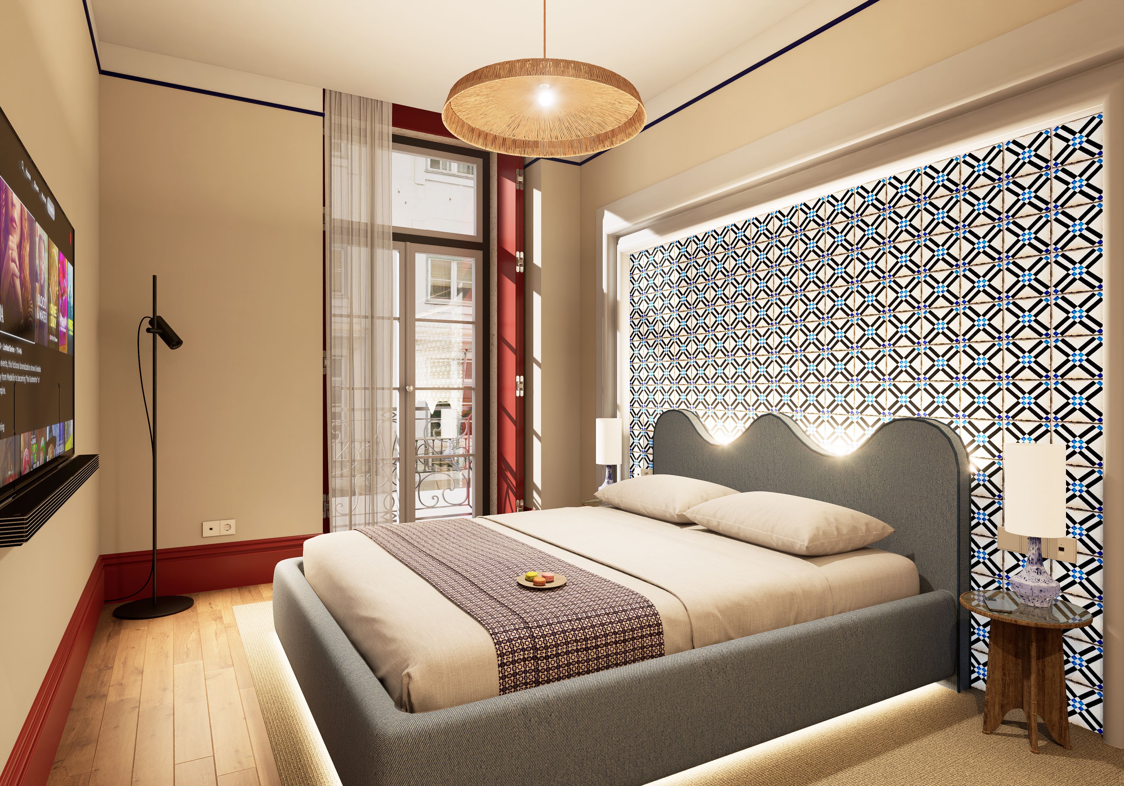 A modern bedroom with a bed, a patterned wall, and a large window.