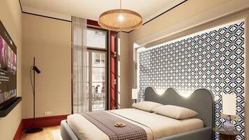 A modern bedroom with a bed, a patterned wall, and a large window.