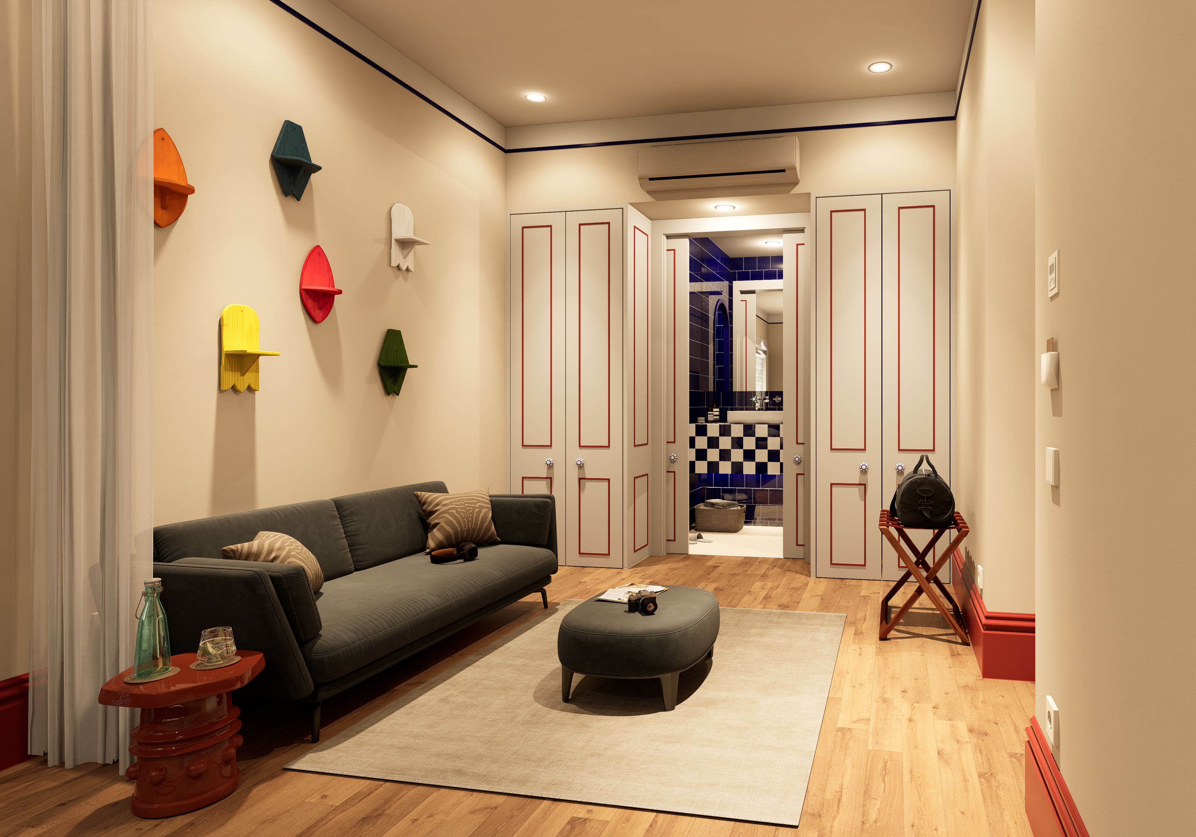 A modern living room with a sofa, ottoman, and colorful wall decorations.