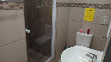 Un baño con cabina de ducha de vidrio, un lavamanos blanco y un inodoro.
