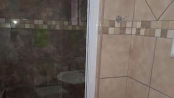 A bathroom with a shower, a sink, and tiled walls.