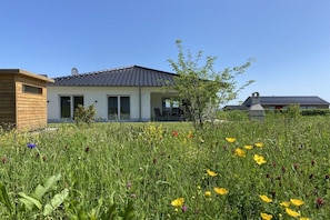 Ein modernes Haus mit weißer Fassade und dunklem Dach, umgeben von einem üppigen Garten mit verschiedenen Wildblumen.