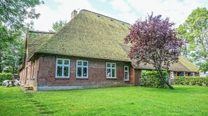 Ett traditionellt hus byggt av tegel med ett halmtak, omgivet av en välskött gräsmatta och ett stort, vackert träd med lila blad.