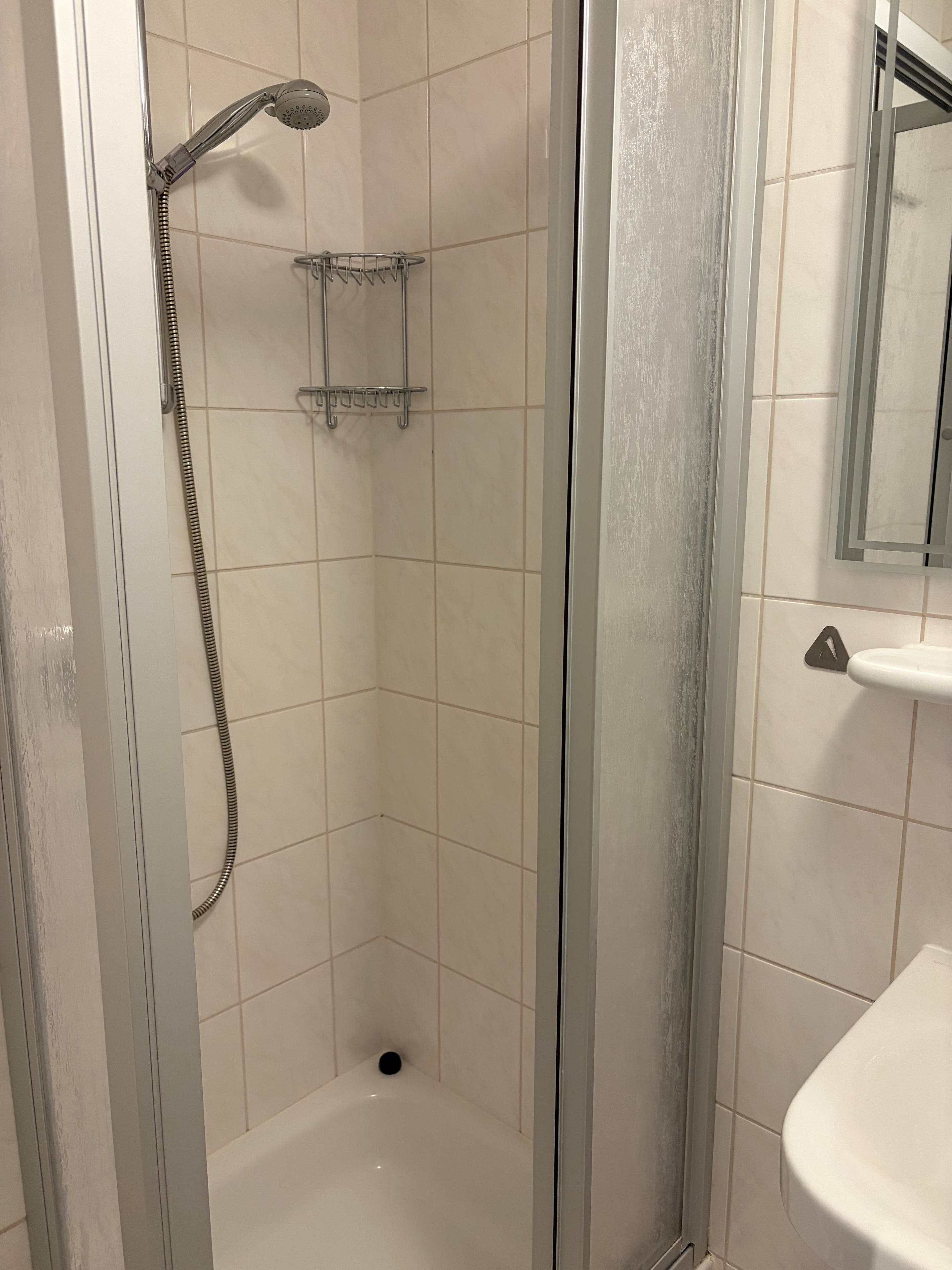 Eine Duschkabine mit Handbrause und einem an der Wand befestigten Ablagebrett.