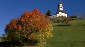 A church on a hill with autumn foliage.