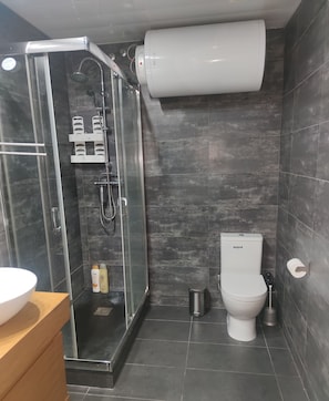 Chuveiro, secador de cabelo, bidê, toalhas de banho