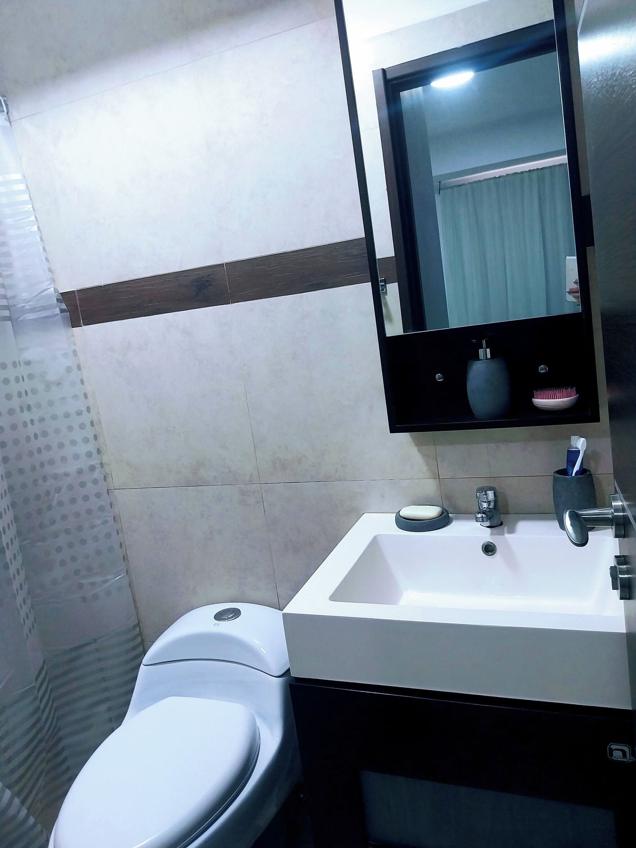 Un baño con inodoro, lavamanos y espejo.
