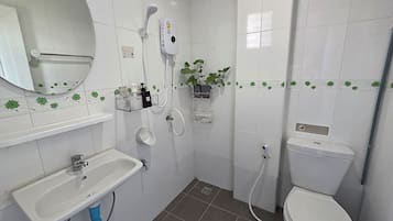 A bathroom with a white sink, a toilet, a shower, and a mirror.