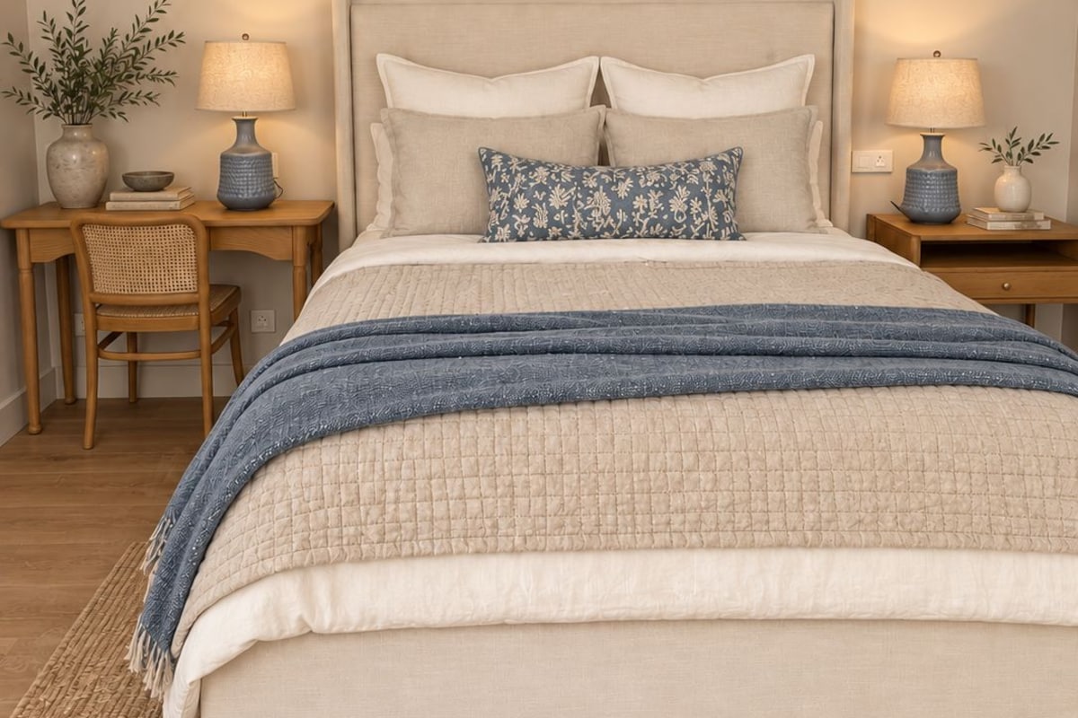 A bedroom with a bed, two bedside tables, a chair, a rug, and a painting on the wall.