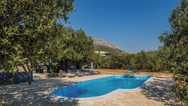 Une piscine dotée d’une plage en pierre, entourée d’arbres et avec une montagne en toile de fond.