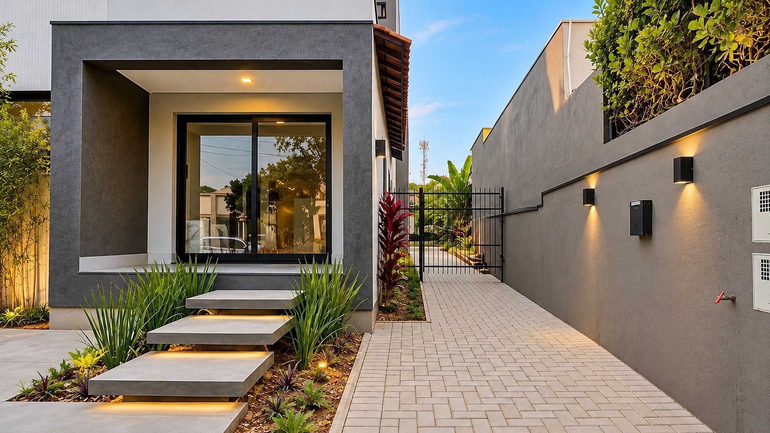 Un edificio moderno con techo plano, entrada de hormigón y un camino pavimentado.