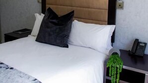 Een hotelkamer met een bed, een nachtkastje met telefoon, een lijst met foto en een kleine plant op het nachtkastje.