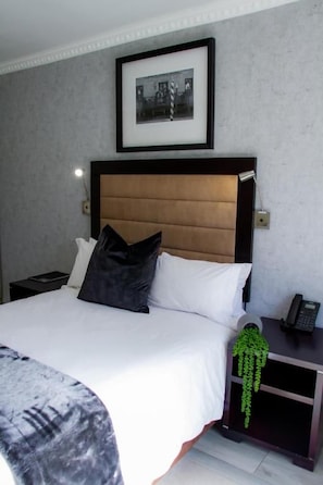 Habitación de hotel con una cama, una mesita de noche con un teléfono, un cuadro en la pared y una planta pequeña en la mesita de noche.