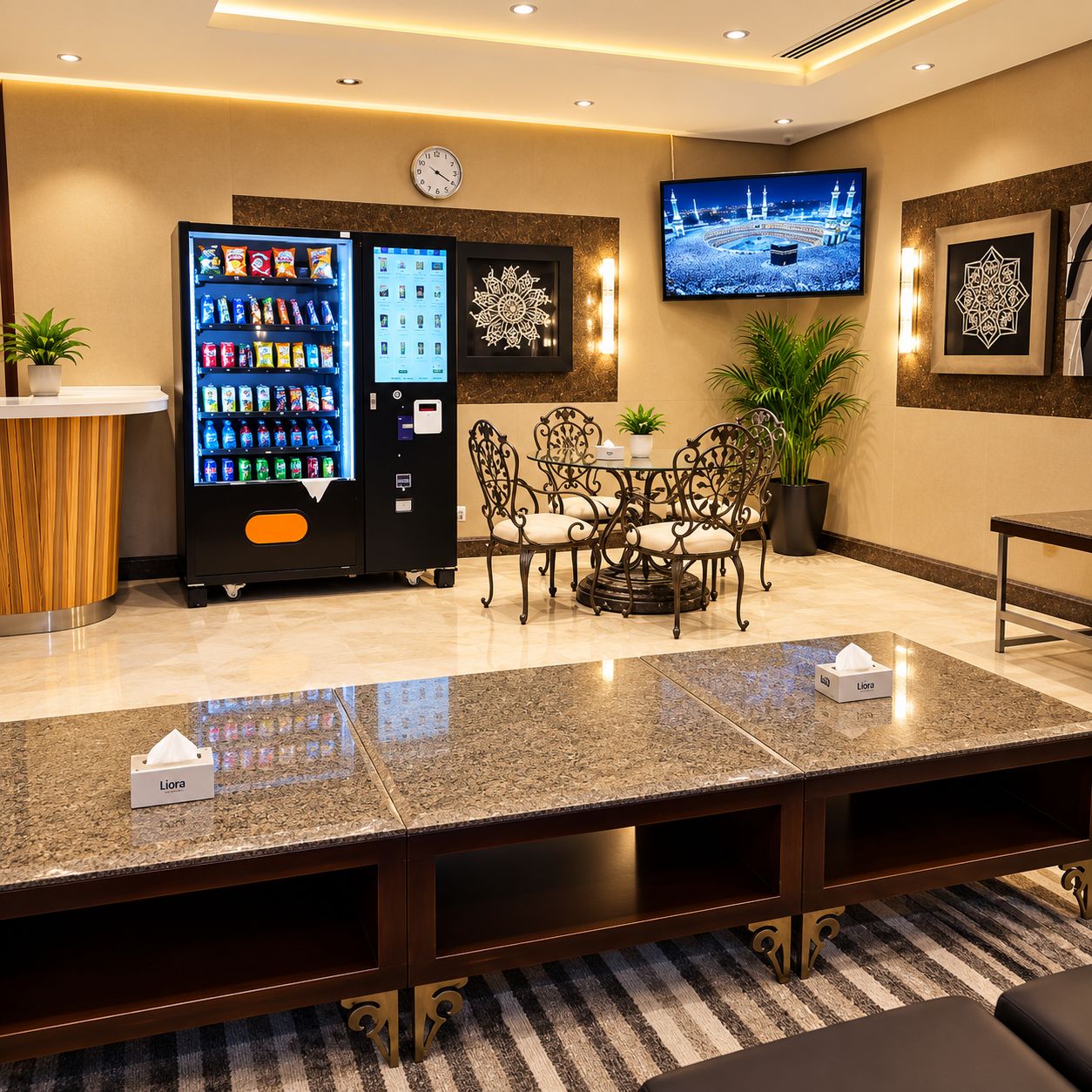 A hotel lobby with a vending machine, a clock, a television displaying a view of a mosque, and a seating area with a table and chairs.
