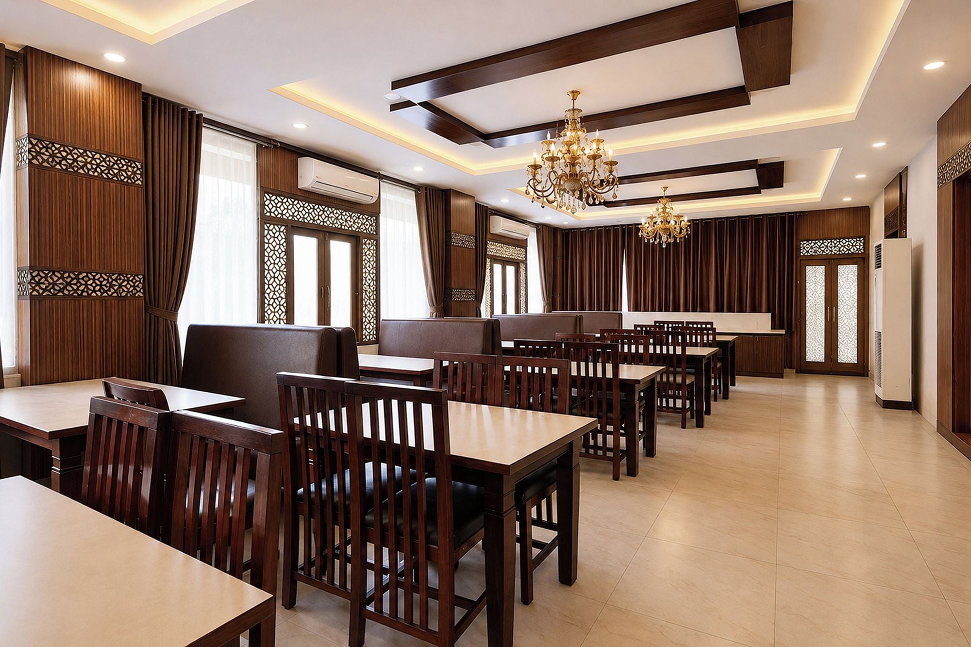 Un restaurante con mobiliario de madera, candelabros y cortinas con diseños.