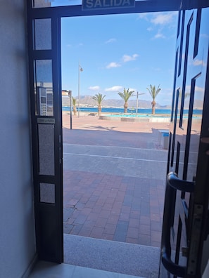 Puerta abierta que da a un área pavimentada con piscina, palmeras y vista al mar.