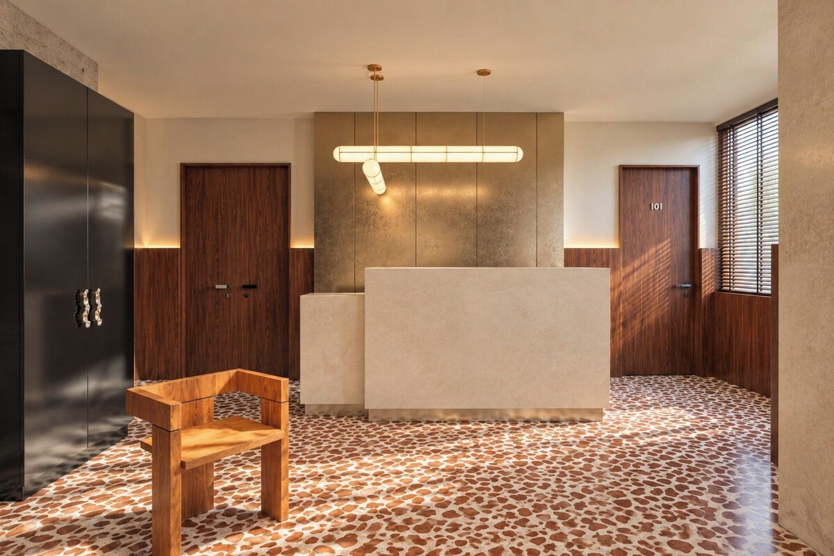 A modern kitchen with a central island, wooden cabinets, and a patterned floor.