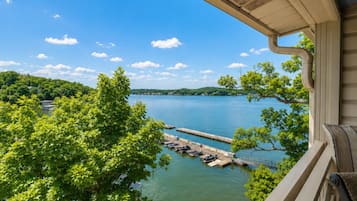 A lakeside view from a balcony with a dock and boats.