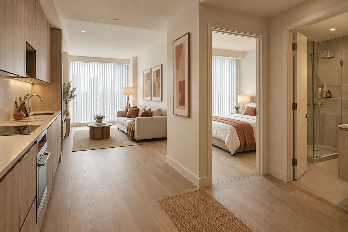 Una habitación de hotel moderna con kitchenette, una sala de estar con sofá y mesa de centro, un dormitorio con cama y mesitas de noche, y un área de ducha.