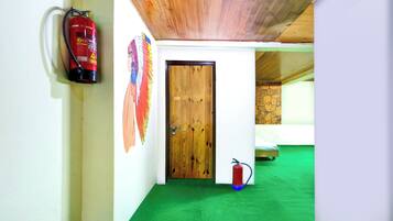 A room with a wooden door, a fire extinguisher mounted on the wall, and a bed with a green carpet.