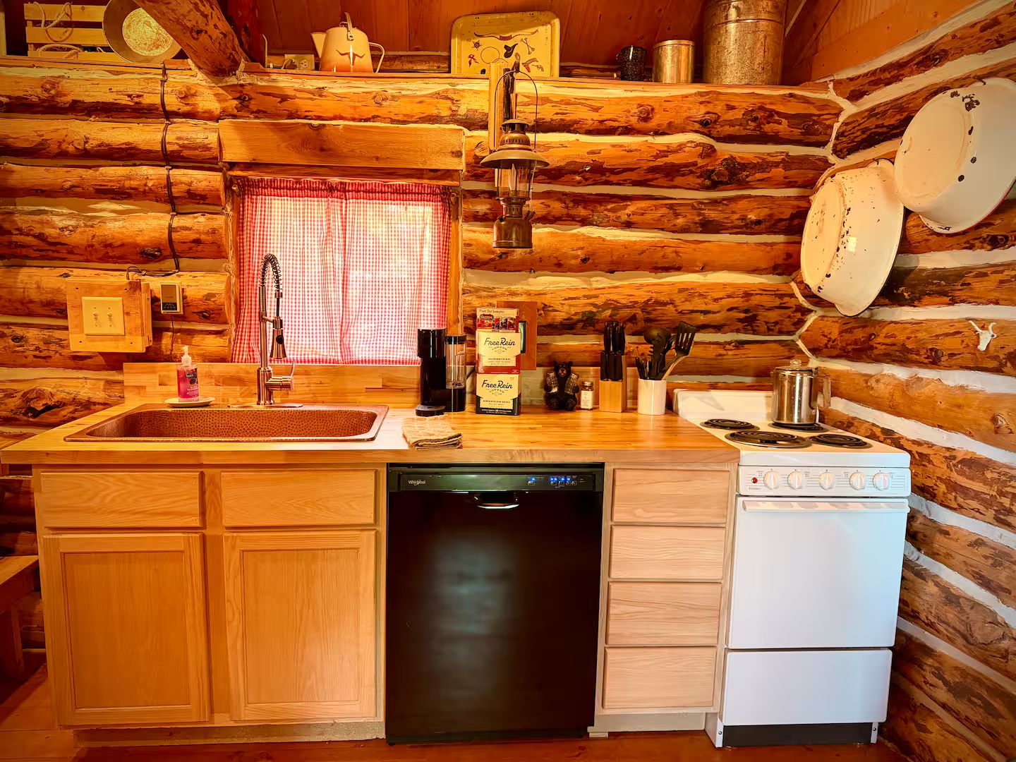 A kitchen with wooden log walls, a sink, a stove, and a dishwasher.