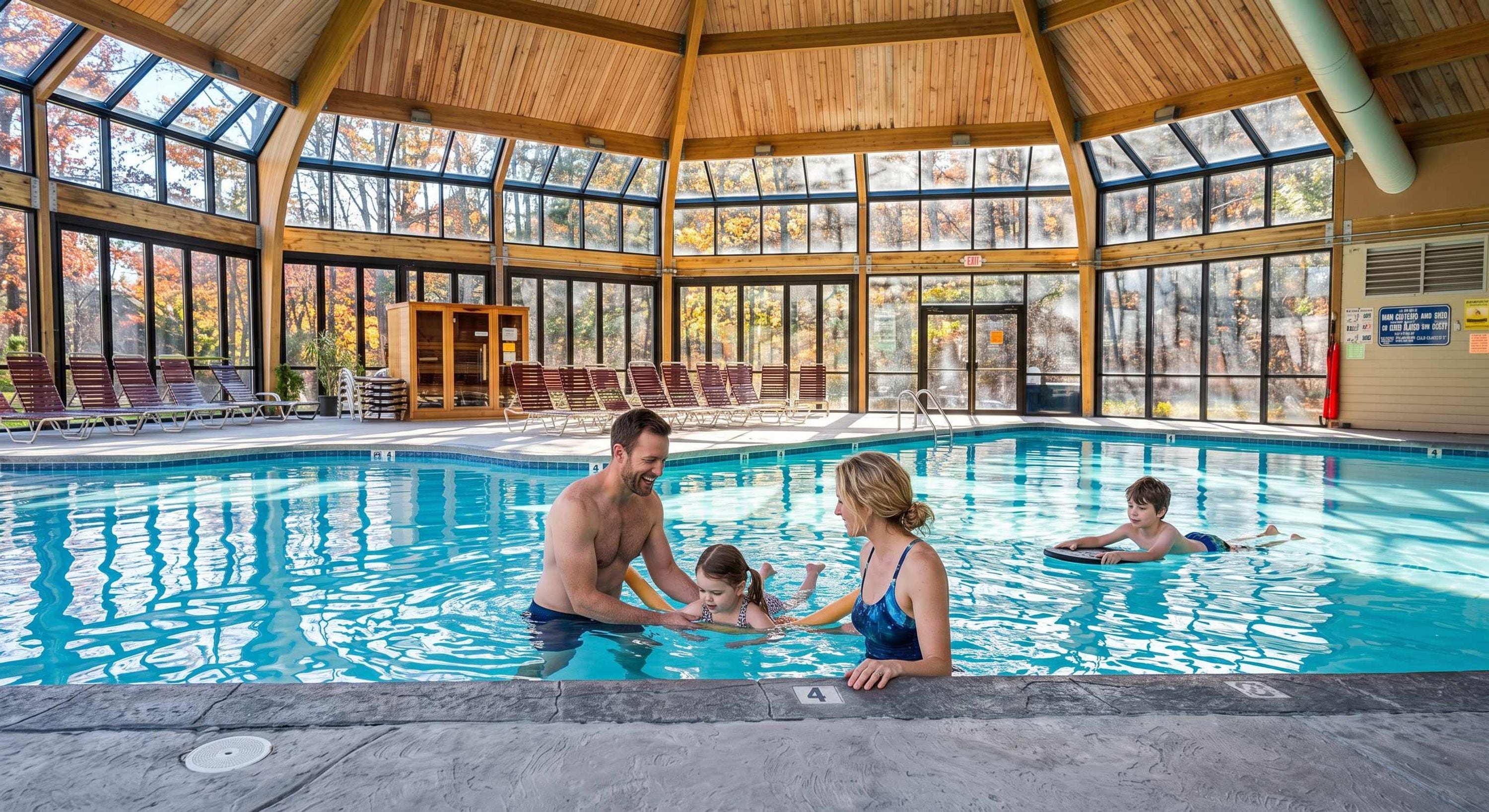 An indoor swimming pool with a wooden roof and large windows.