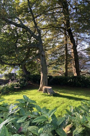 A garden with a large tree, a swing, and a grassy area with plants. - Courtyard Cottage, Barnstaple (Barnstaple)