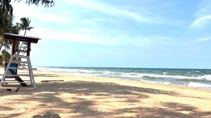 Uma praia com uma torre salva-vidas, palmeiras e ondas do oceano.