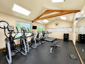 A gym with treadmills, ellipticals, and a mirror wall with exercise posters. - Lake Travis Cabin Retreat + Pool, Hot Tub, Gym (Austin)