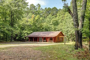 A rustic cabin with a metal roof, surrounded by dense forest.