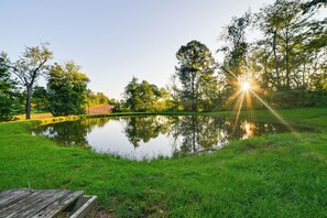 Um lago calmo rodeado por vegetação exuberante e árvores, com uma estrutura de madeira em primeiro plano.