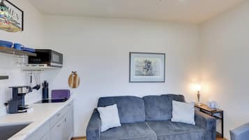 A compact living space with a kitchenette, grey sofa, and a framed artwork on the wall.