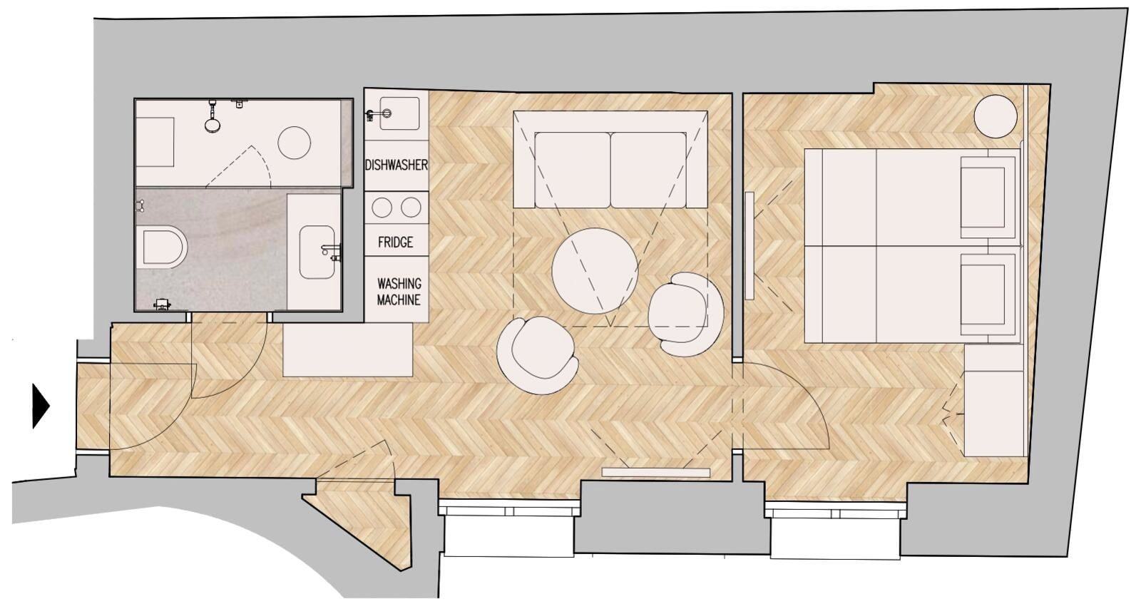 A floor plan of a hotel room with a kitchenette, a dining area, and a bathroom.
