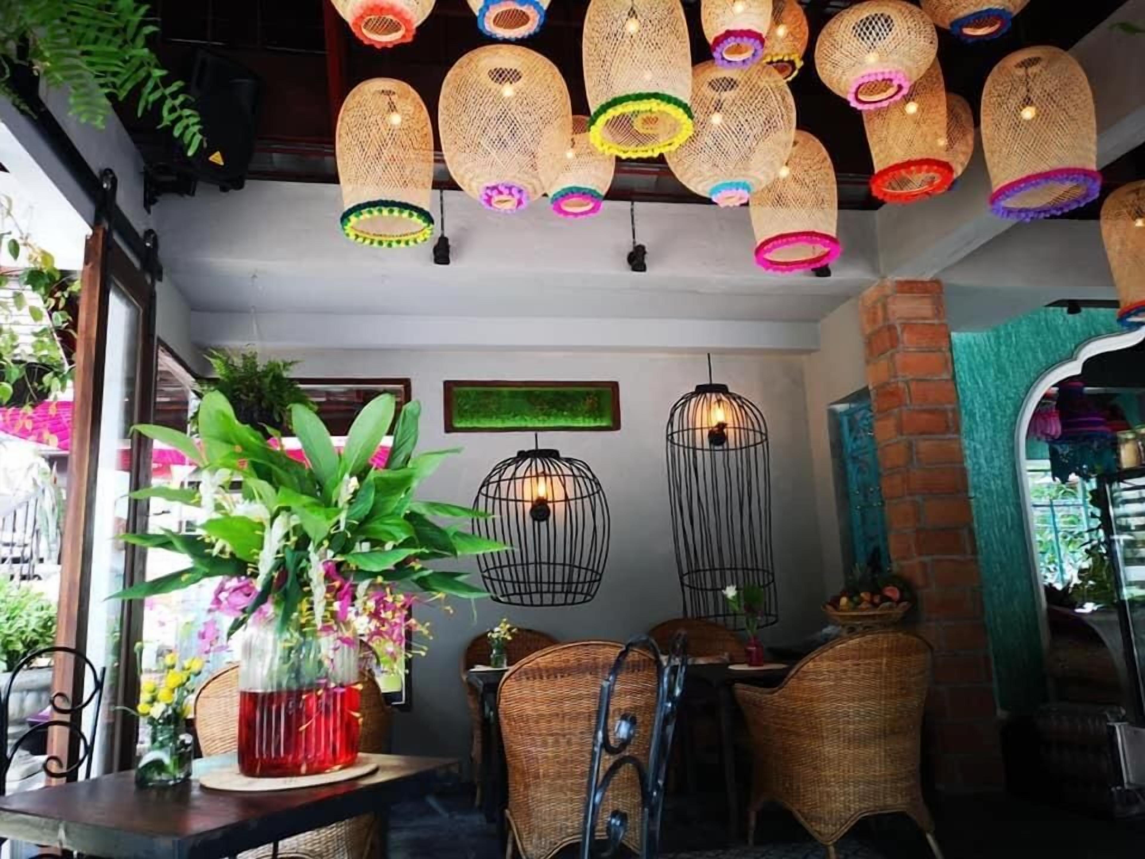 A restaurant interior with wicker furniture, hanging wicker lamps, and a large potted plant.