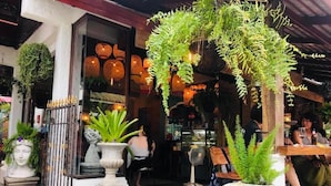 An outdoor seating area with potted plants and a bar. - soi one boutique bedrooms (pai)